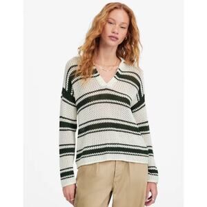 NWT Madewell Open-Stitch Johnny Collar Sweater In Summit Green Stripe Size Large